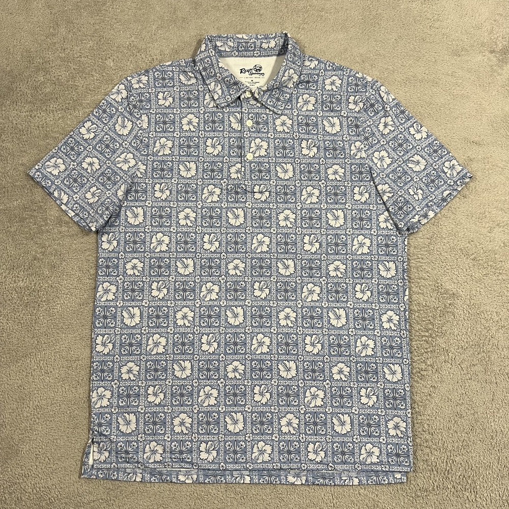 Reyn Spooner Limited Issue Polo Shirt Mens Medium Floral Blue Performance